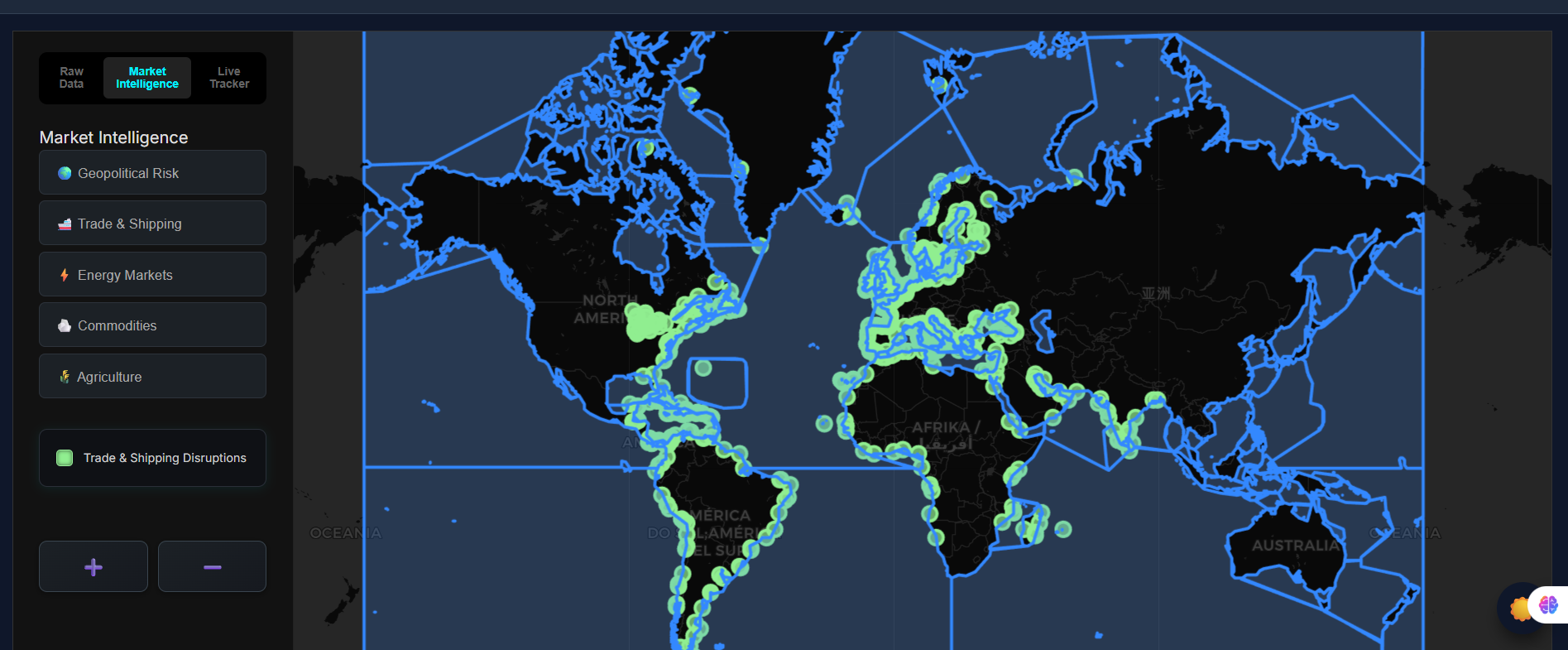 Global market intelligence tracker showing geopolitical events, macro signals and real-time market impact analysis